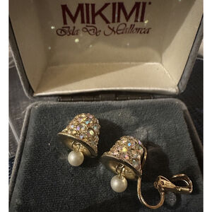 Vtg Majorica Mikimi Isla De Mallorica Spain AB Crystal Faux Pearl Bell Earrings